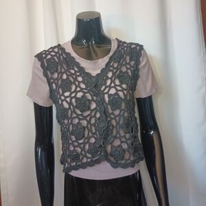 Vintage Cherry Stix Womens Crochet Button Vest OS/ S-M  Black 90s Fairy Grunge